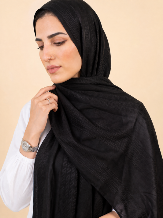 Athena Key Kuwaiti scarf in Black with Greek key jacquard stripe design #Color_Black