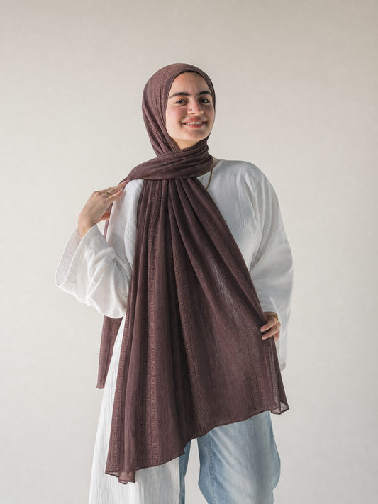 Athena Key Kuwaiti scarf in Brown with Greek key jacquard stripe design #Color_Brown