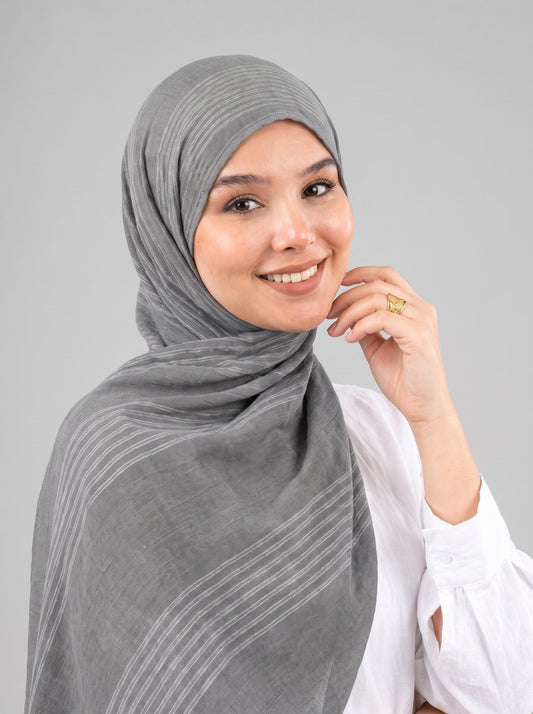 Cotton Stripe Border Kuwaiti Scarf in Light Grey #Color_Light Grey