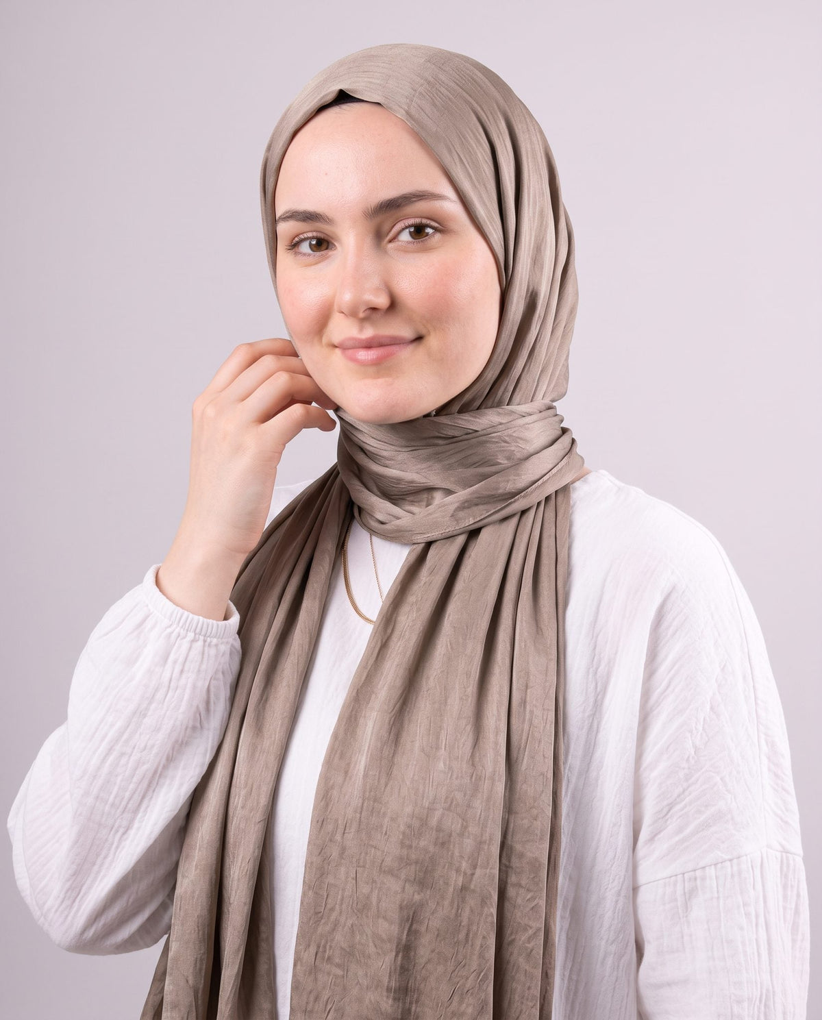 Moon Glow Crushed Satin Scarf in Brown #Color_Brown