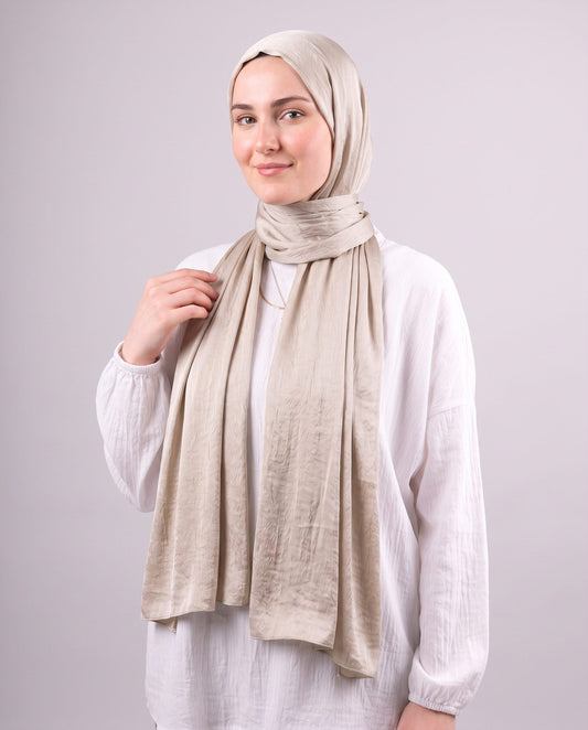 Moon Glow Crushed Satin Scarf in Silver Beige #Color_Silver Beige