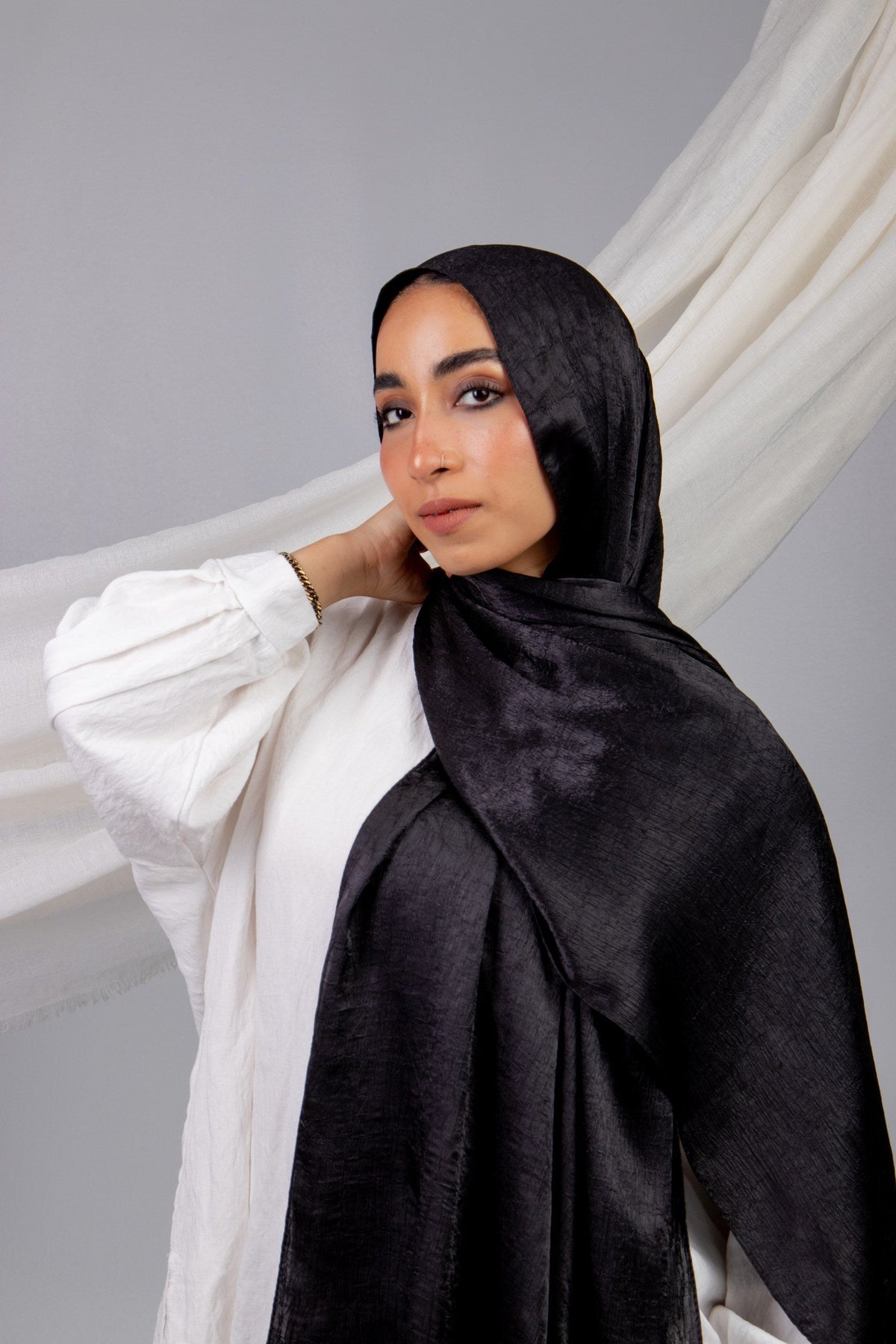 Moon Glow Crushed Satin Scarf in Black #Color_Black