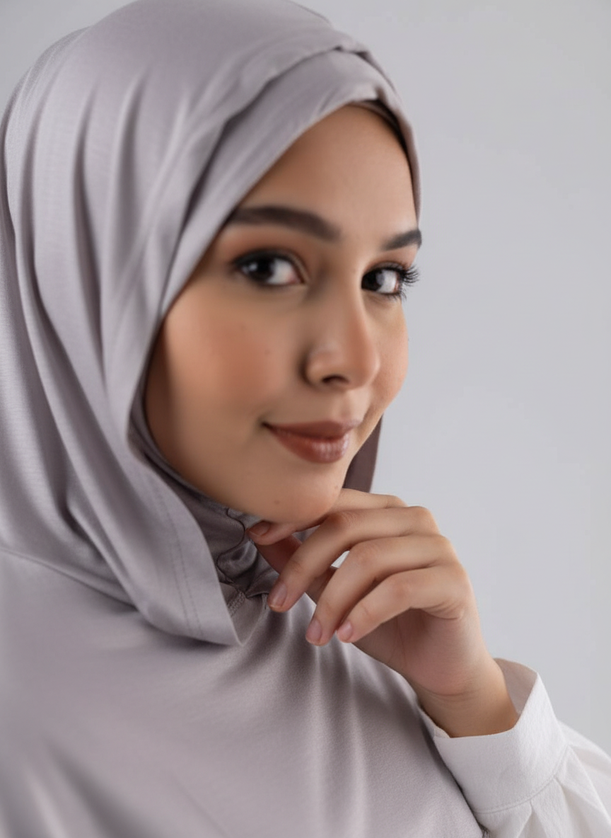 Ready Two Layer Kuwaiti Hijab in Grey #Color_Grey