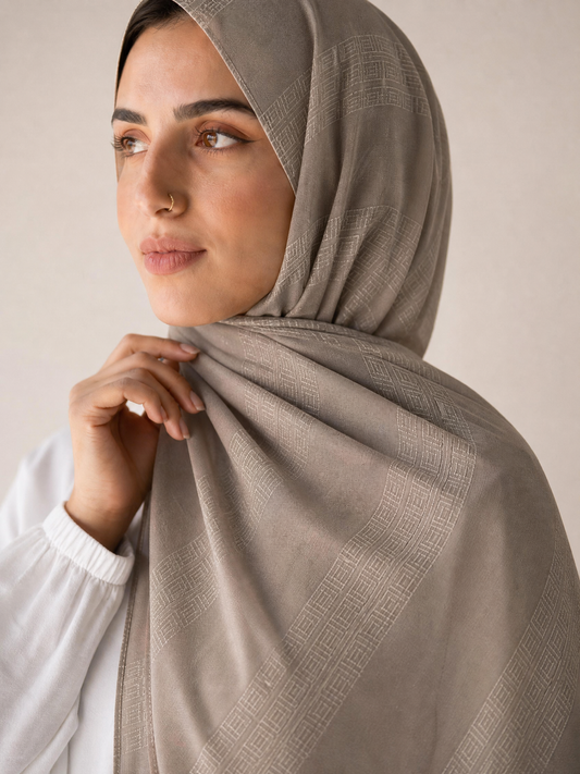 Athena Key Kuwaiti scarf in Medium Beige with Greek key jacquard stripe design #Color_Medium Beige