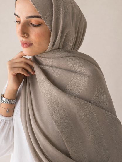 Athena Key Kuwaiti scarf in Medium Beige with Greek key jacquard stripe design #Color_Medium Beige