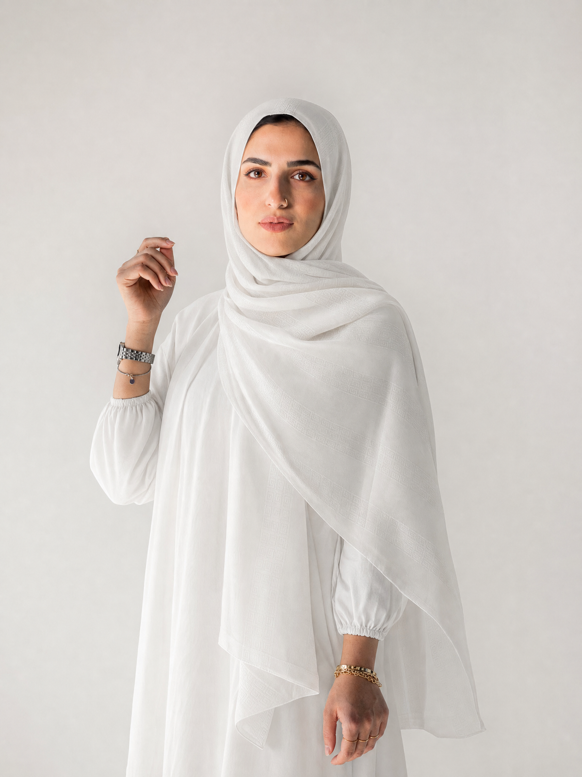 Athena Key Kuwaiti scarf in Off White with Greek key jacquard stripe design #Color_Off White