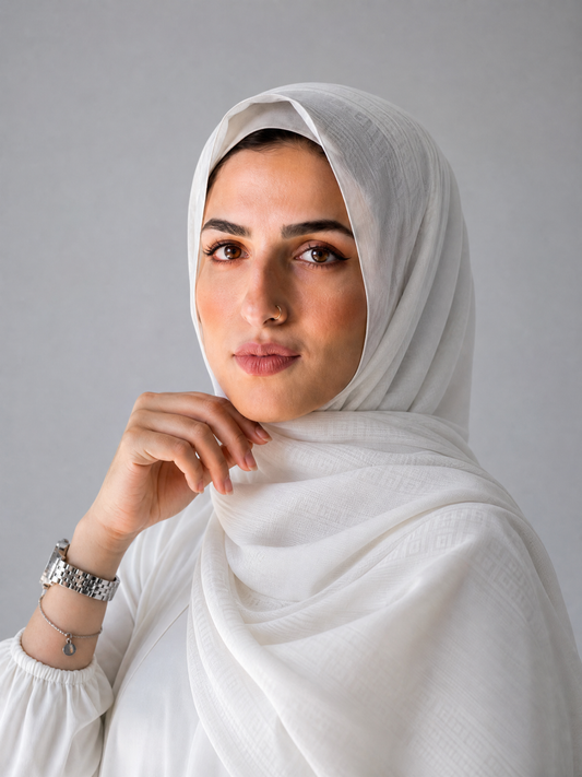 Athena Key Kuwaiti scarf in Off White with Greek key jacquard stripe design #Color_Off White