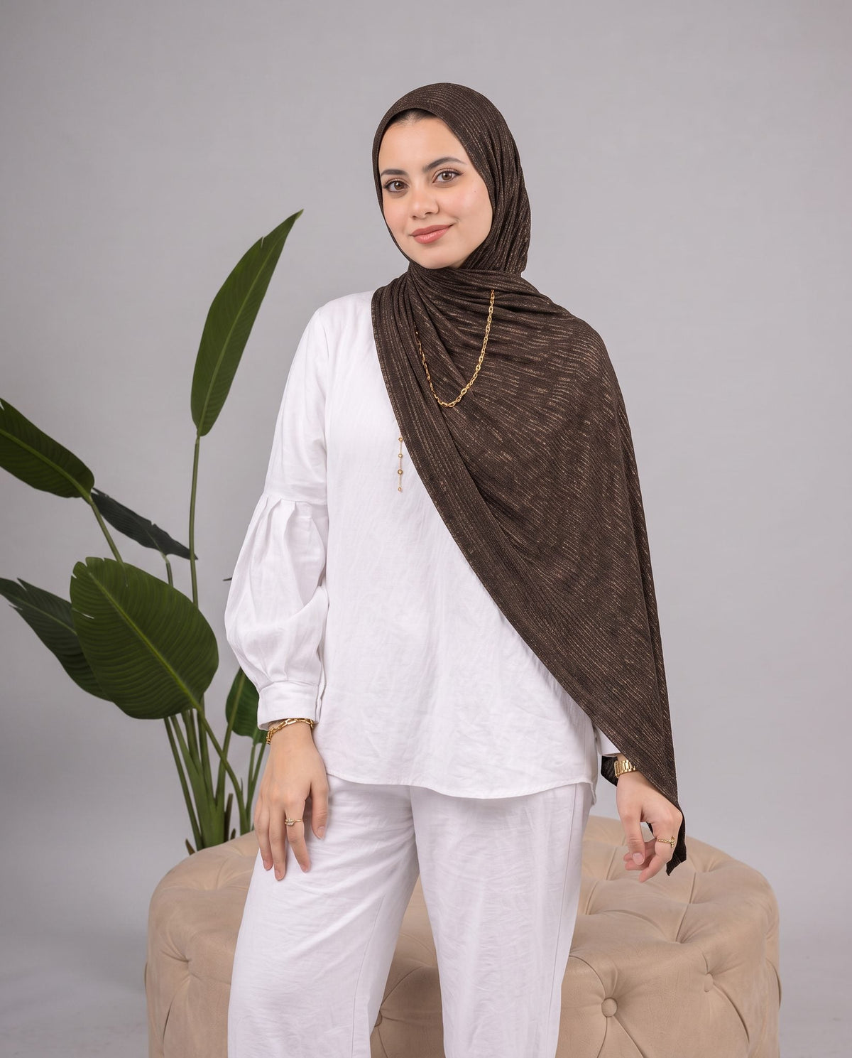 Metalic Knit Stripe Scarf in Brown #Color_Brown