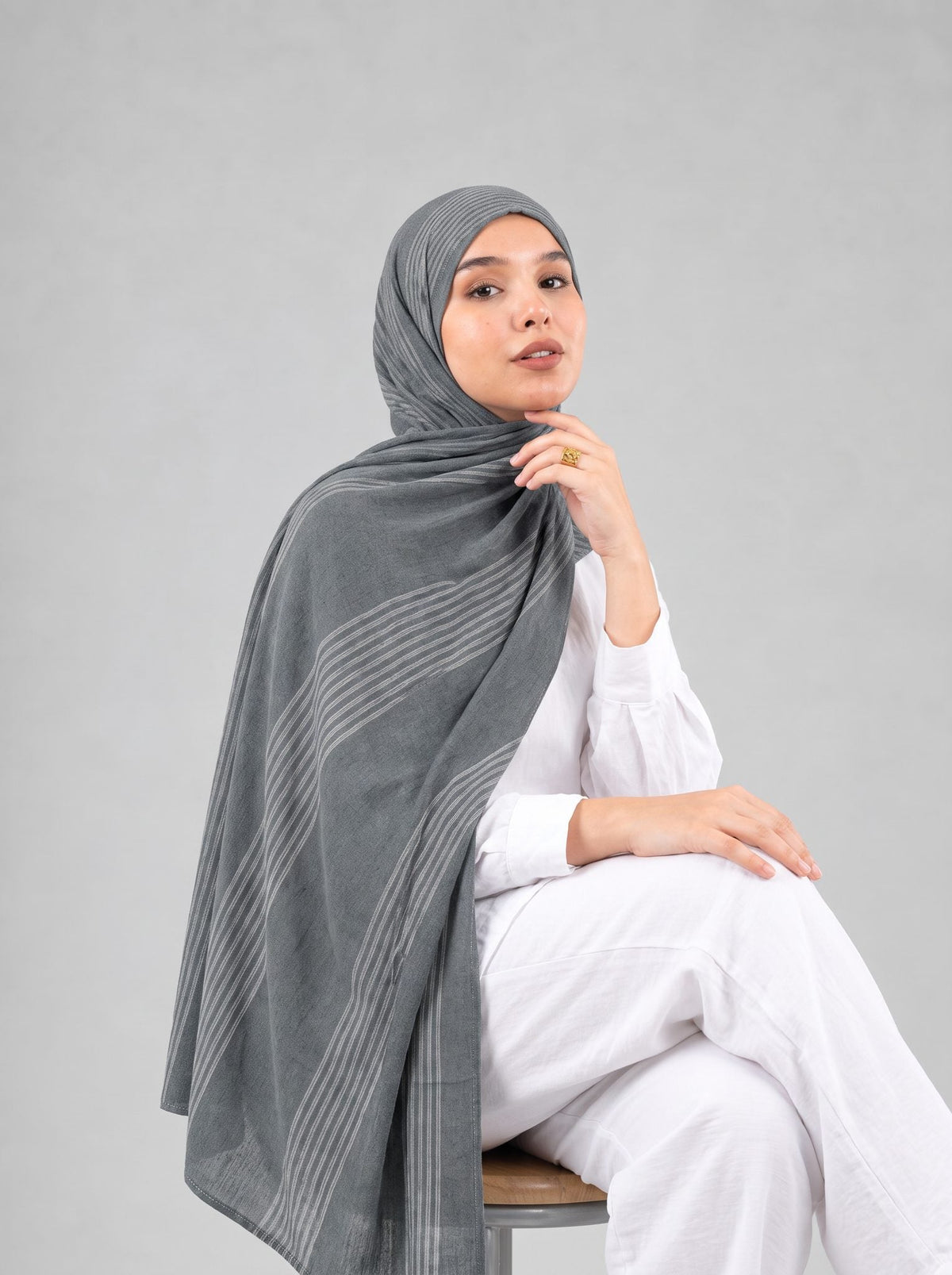 Cotton Stripe Border Kuwaiti Scarf in Grey #Color_Grey