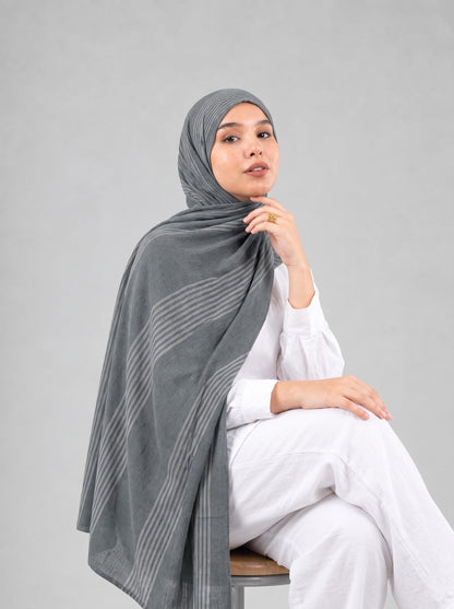 Cotton Stripe Border Kuwaiti Scarf in Grey #Color_Grey