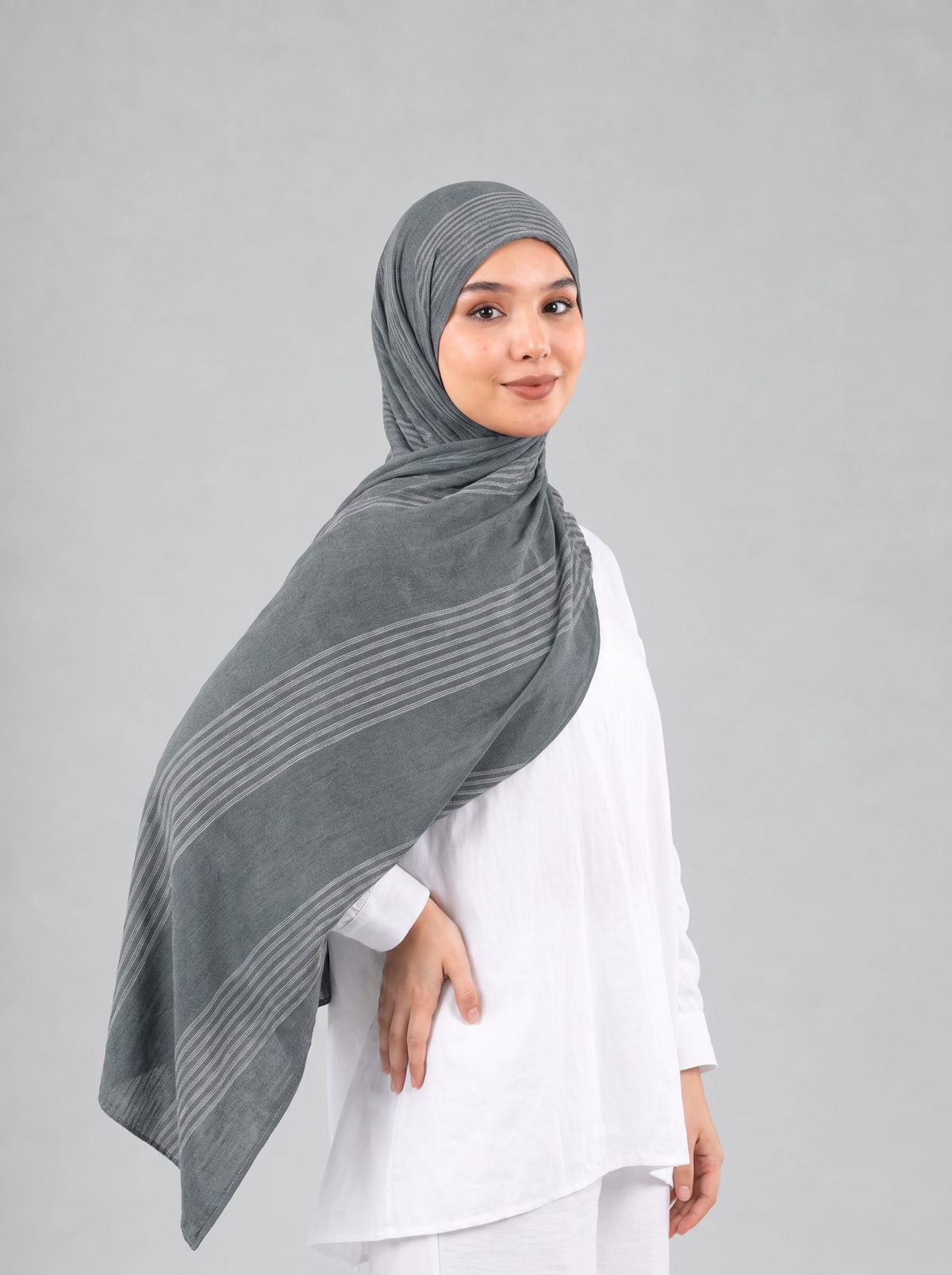 Cotton Stripe Border Kuwaiti Scarf in Grey #Color_Grey
