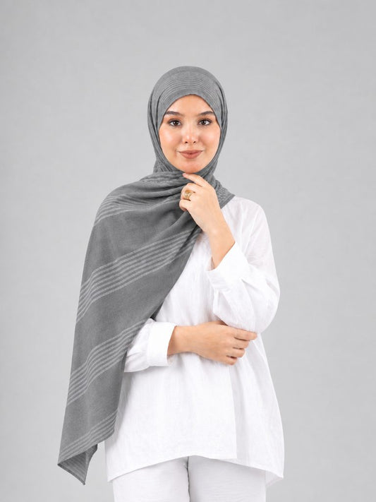 Cotton Stripe Border Kuwaiti Scarf in Light Grey #Color_Light Grey