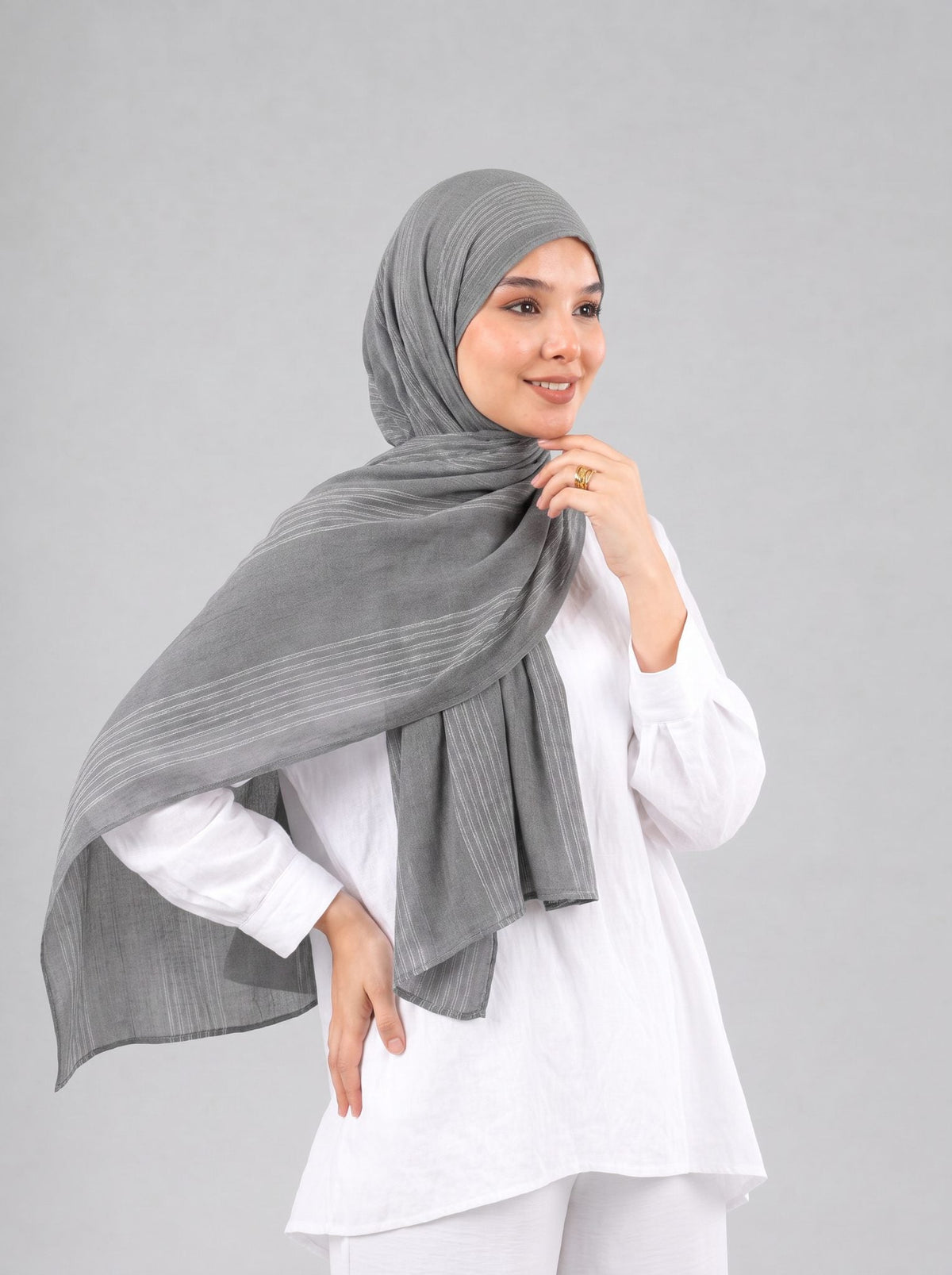 Cotton Stripe Border Kuwaiti Scarf in Light Grey #Color_Light Grey