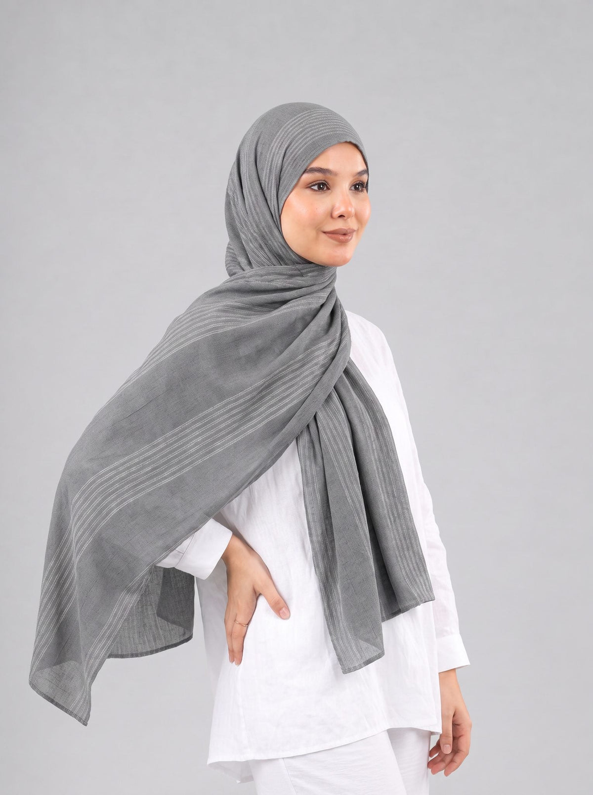 Cotton Stripe Border Kuwaiti Scarf in Light Grey #Color_Light Grey