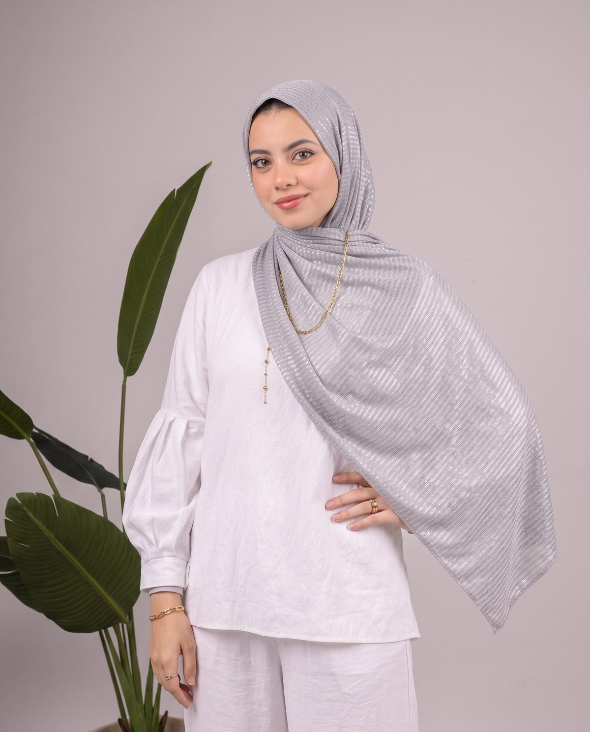 Metalic Knit Stripe Scarf in Light Grey #Color_Light Grey