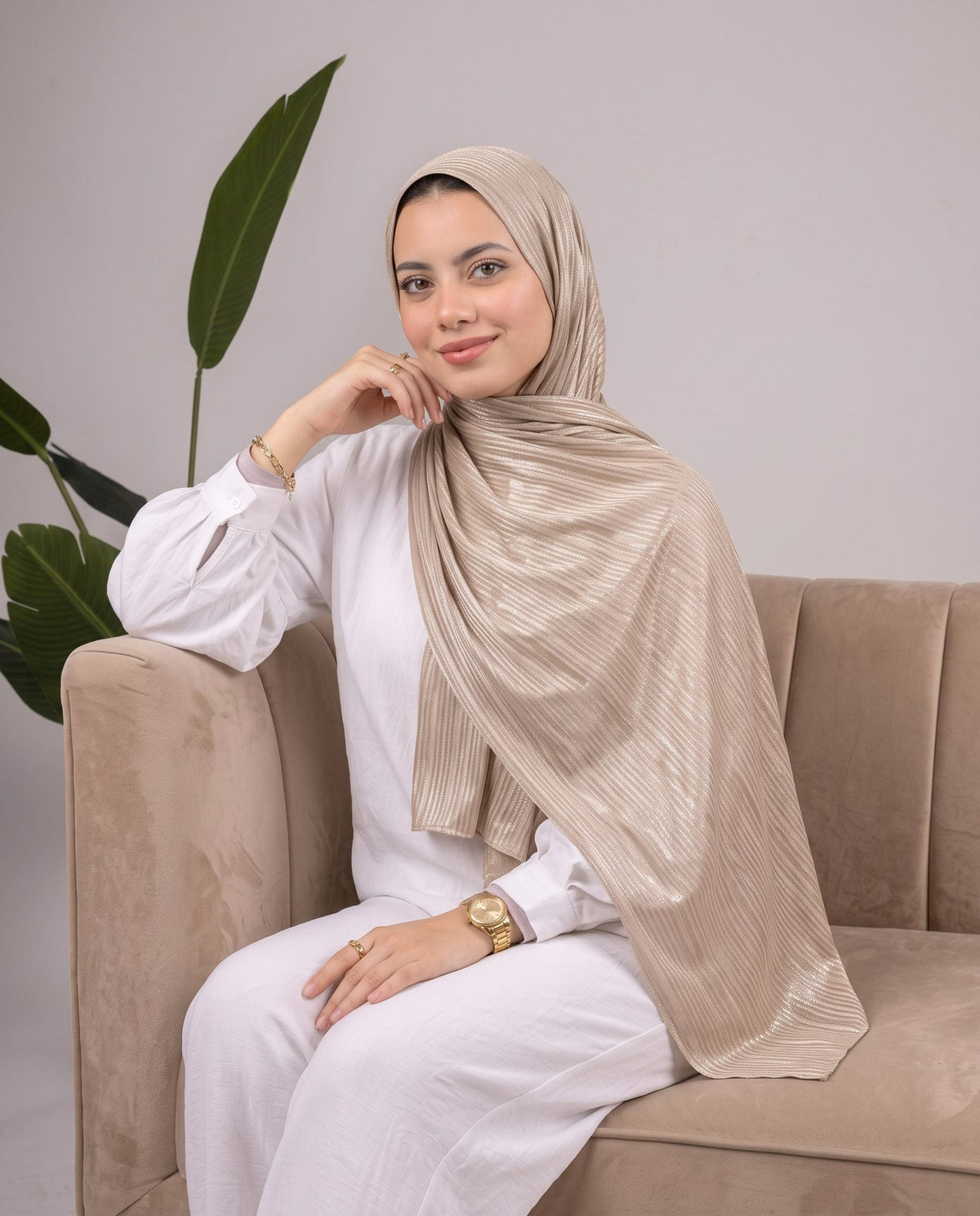 Metalic Knit Stripe Scarf in Medium Beige #Color_Medium Beige