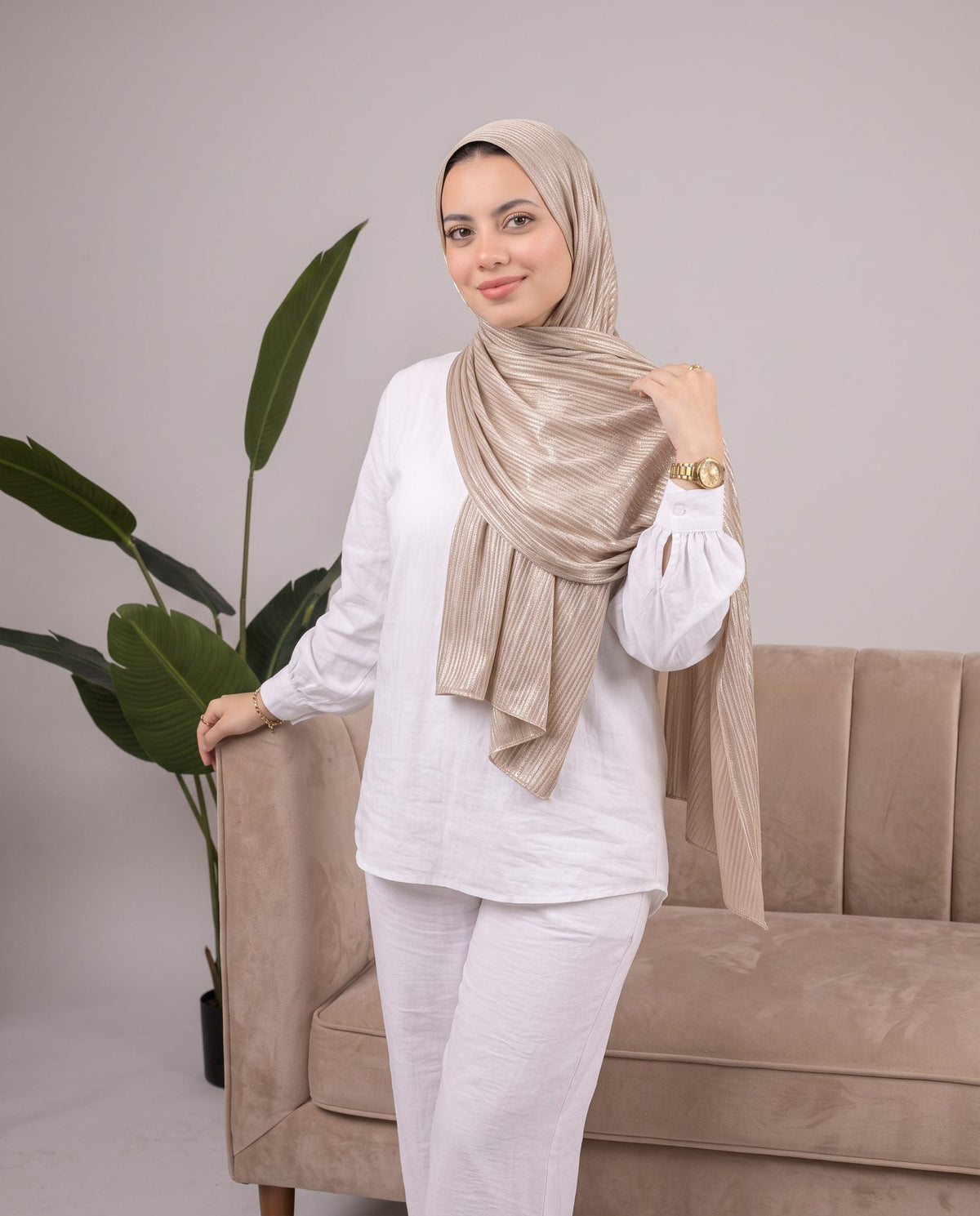Metalic Knit Stripe Scarf in Medium Beige #Color_Medium Beige