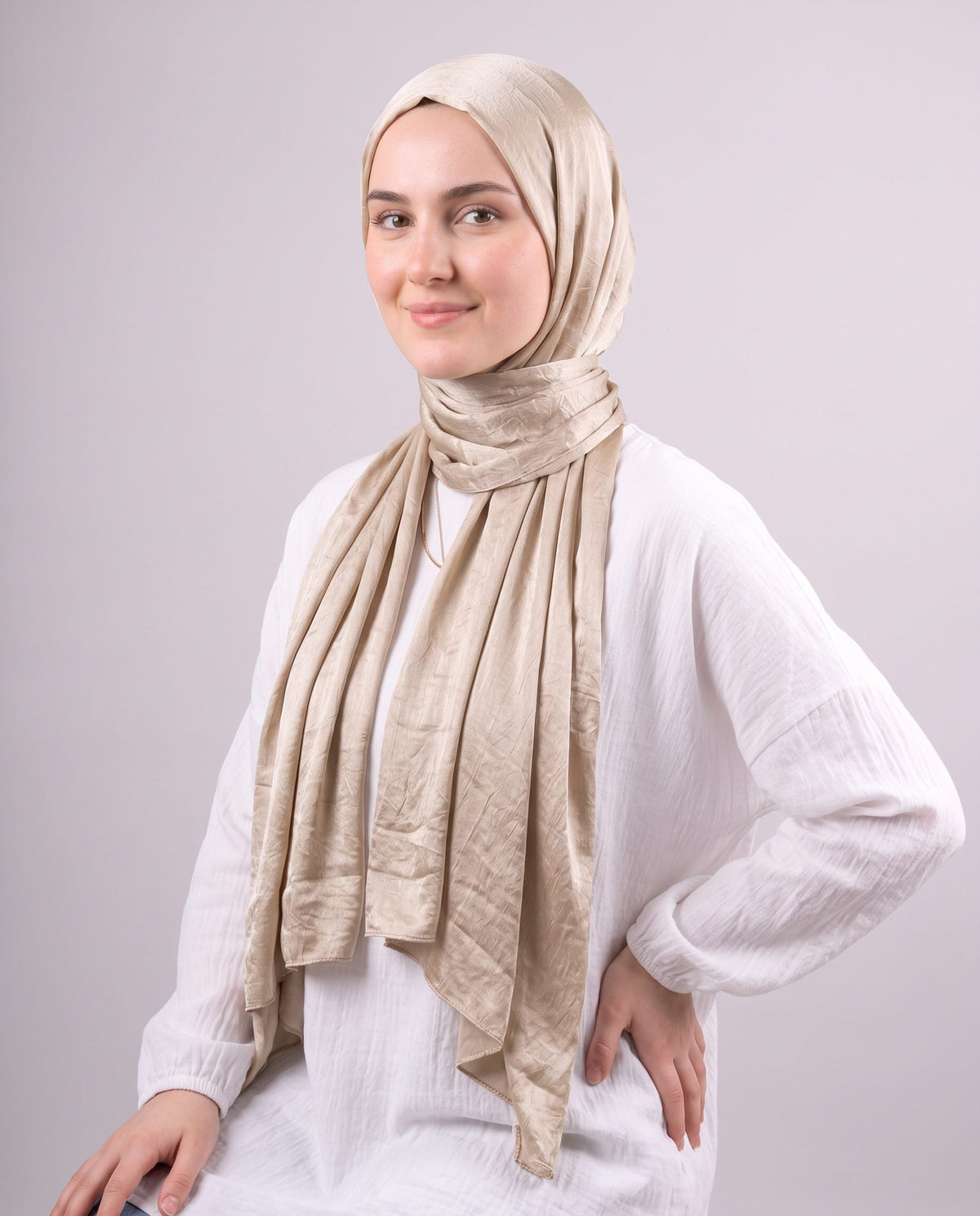 Moon Glow Crushed Satin Scarf in Champagne Beige #Color_Champagne Beige