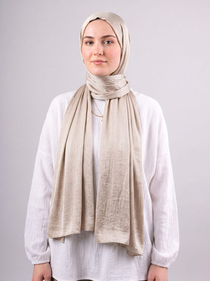 Moon Glow Crushed Satin Scarf in Silver Beige #Color_Silver Beige