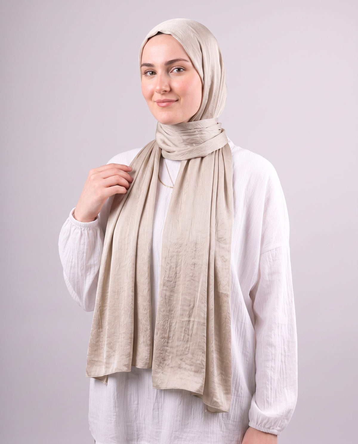 Moon Glow Crushed Satin Scarf in Silver Beige #Color_Silver Beige