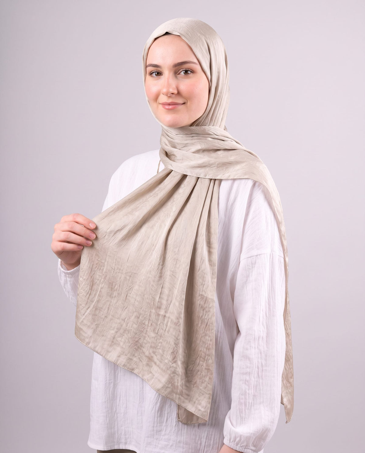 Moon Glow Crushed Satin Scarf in Silver Beige #Color_Silver Beige