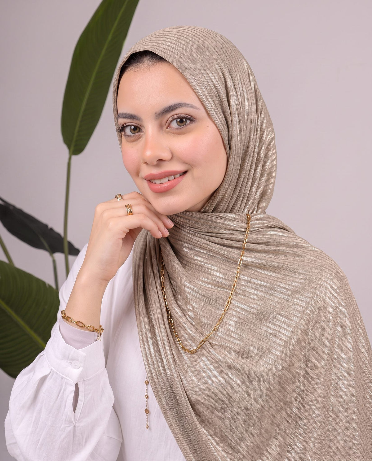 Metalic Knit Stripe Scarf in Taupe #Color_Taupe
