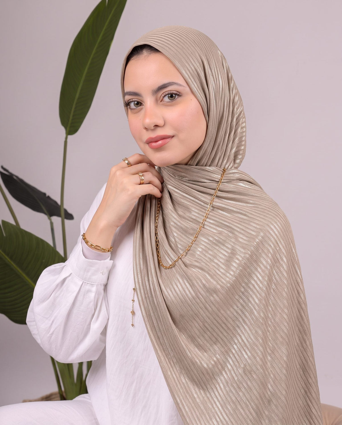 Metalic Knit Stripe Scarf in Taupe #Color_Taupe