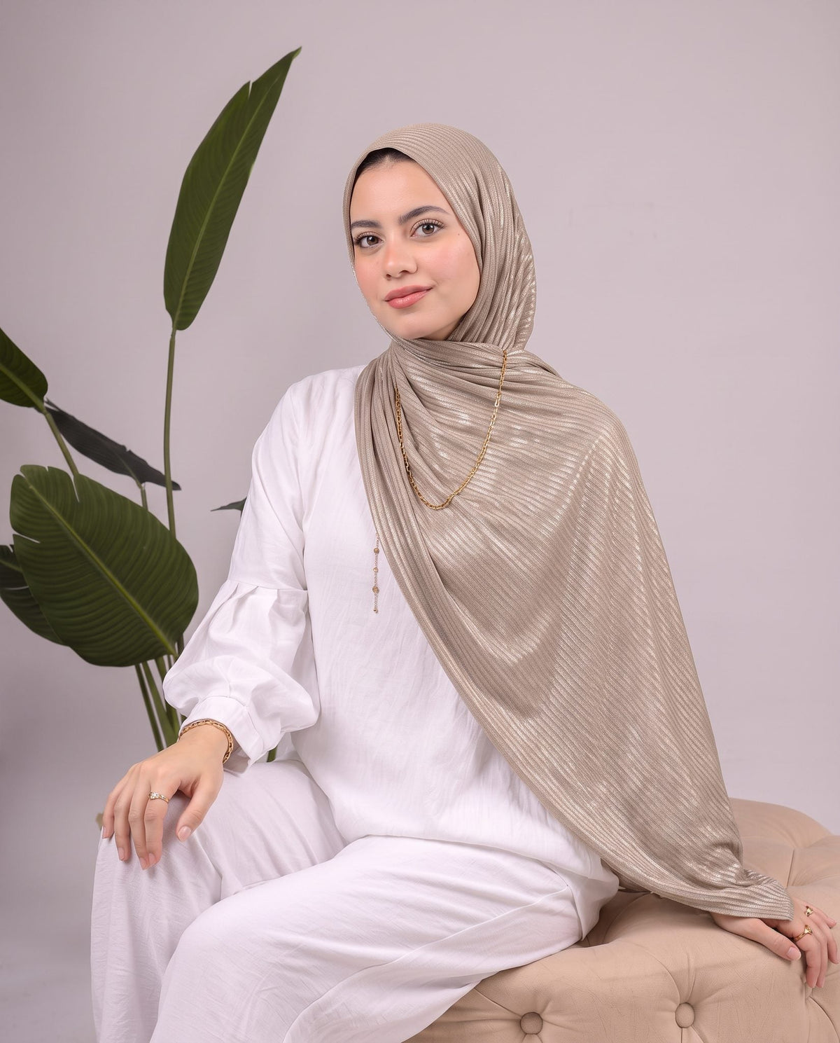 Metalic Knit Stripe Scarf in Taupe #Color_Taupe