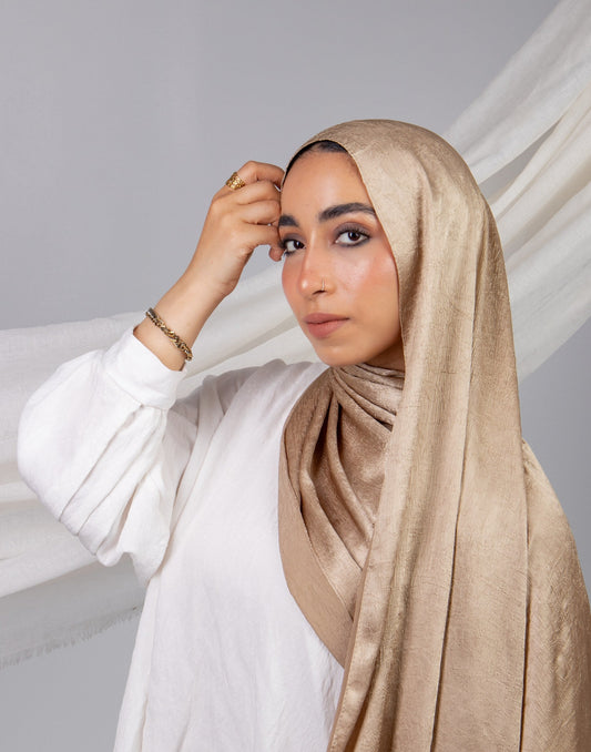 Moon Glow Crushed Satin Scarf in Beige #Color_Beige