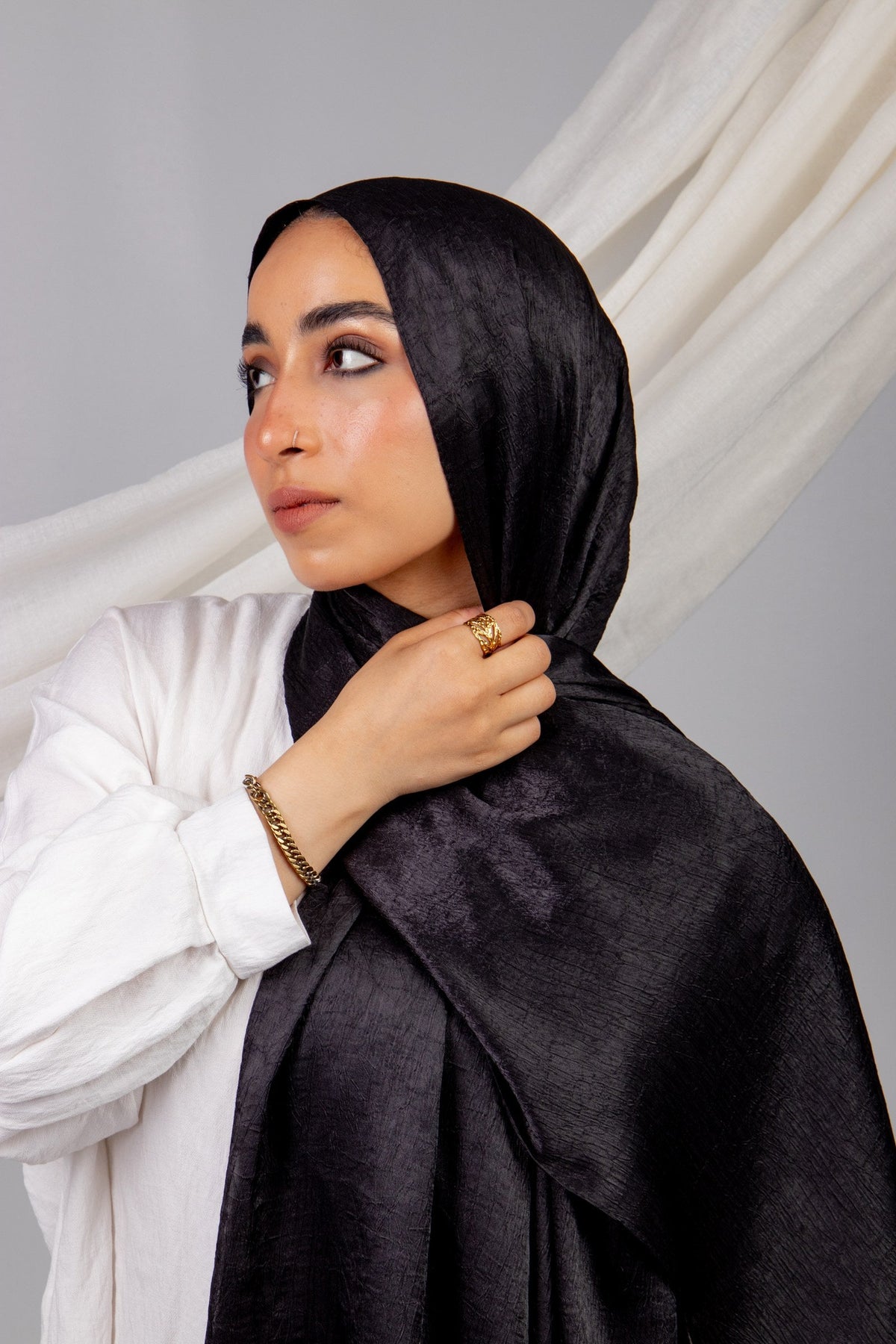 Moon Glow Crushed Satin Scarf in Black #Color_Black