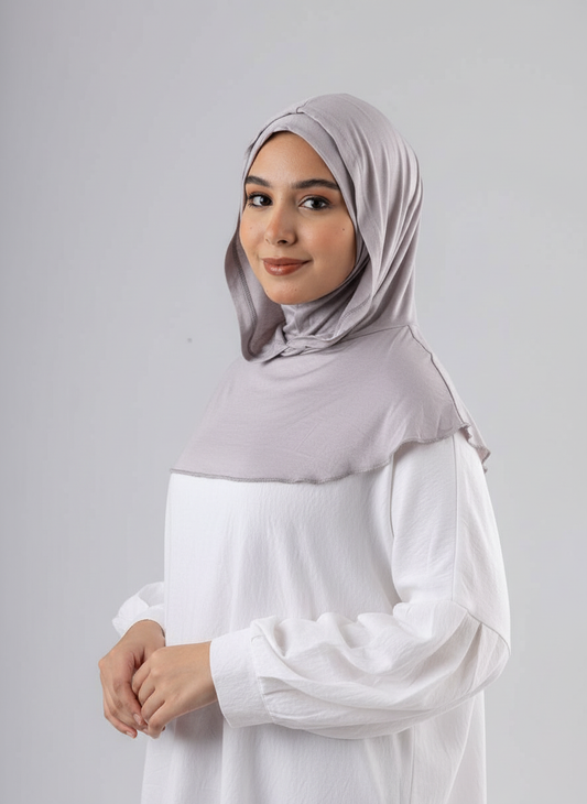 Ready Two Layer Kuwaiti Hijab in Grey #Color_Grey