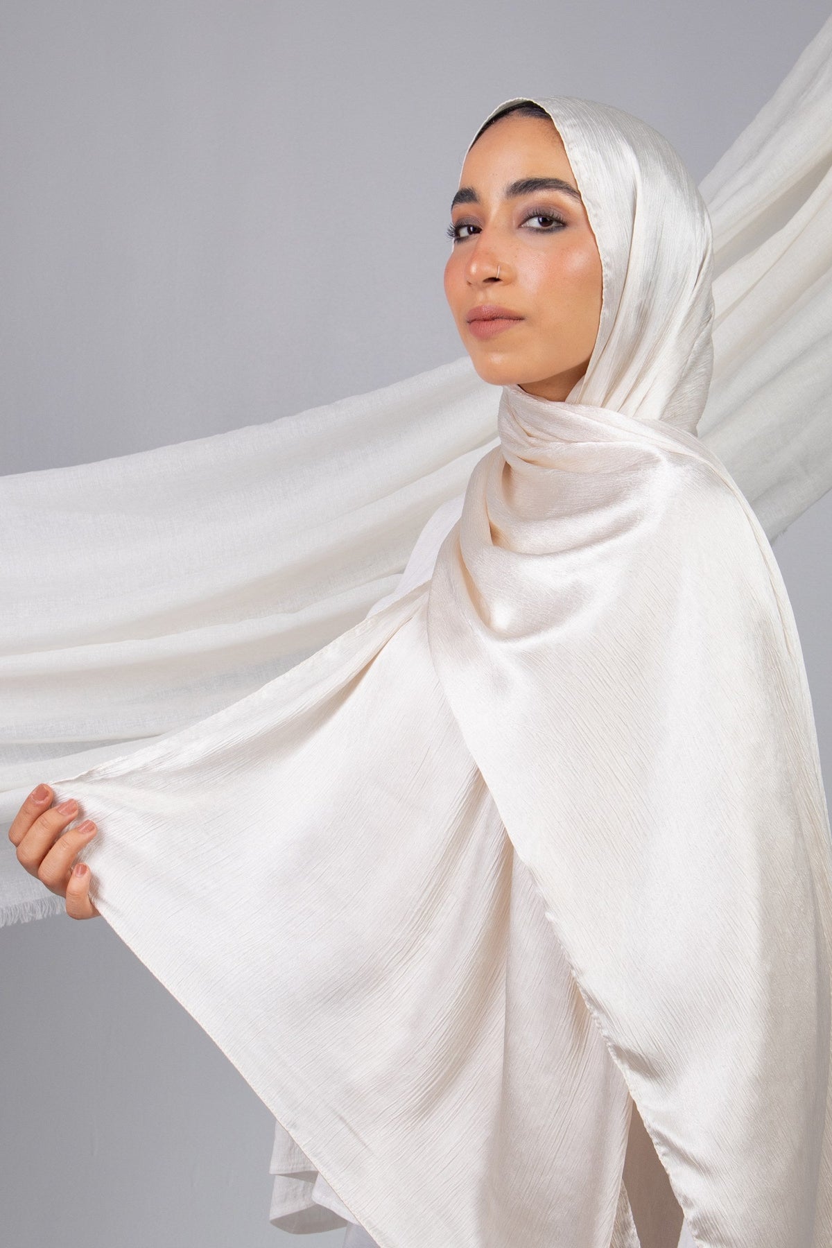 Moon Glow Crushed Satin Scarf in Light Beige #Color_Light Beige